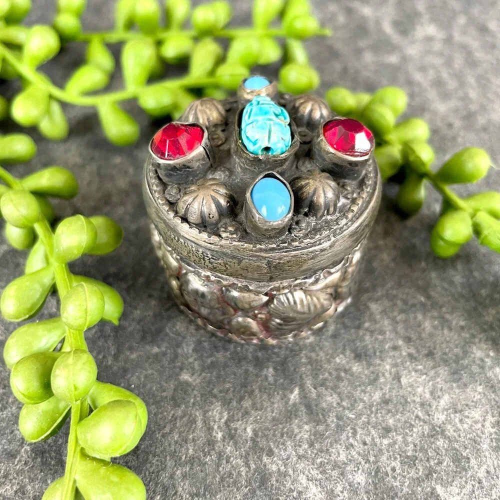 Egyptian silver scarab and pharoah snuff or trinket box